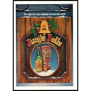 1978 J&B Scotch Jingle Bells Wooden Carved Sign Vintage Print Ad Christmas Art